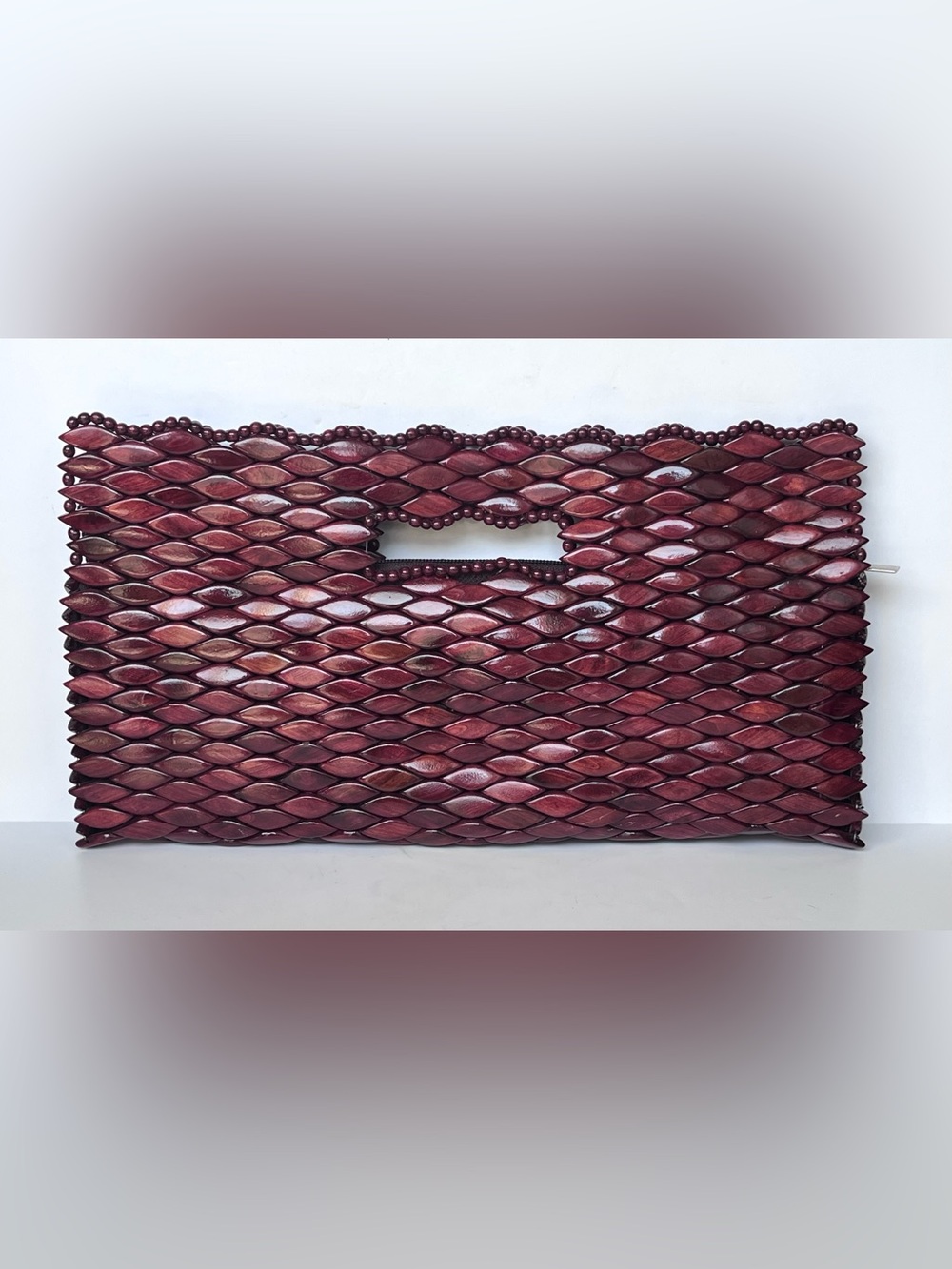 Vivian Bowles Handmade Wooden Scale Clutch Purse Lined Interior Maroon Burgundy